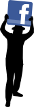 A silhouette of Dave The Happy Singer holding a sign reminiscent of the initial letter of the Facebook logo